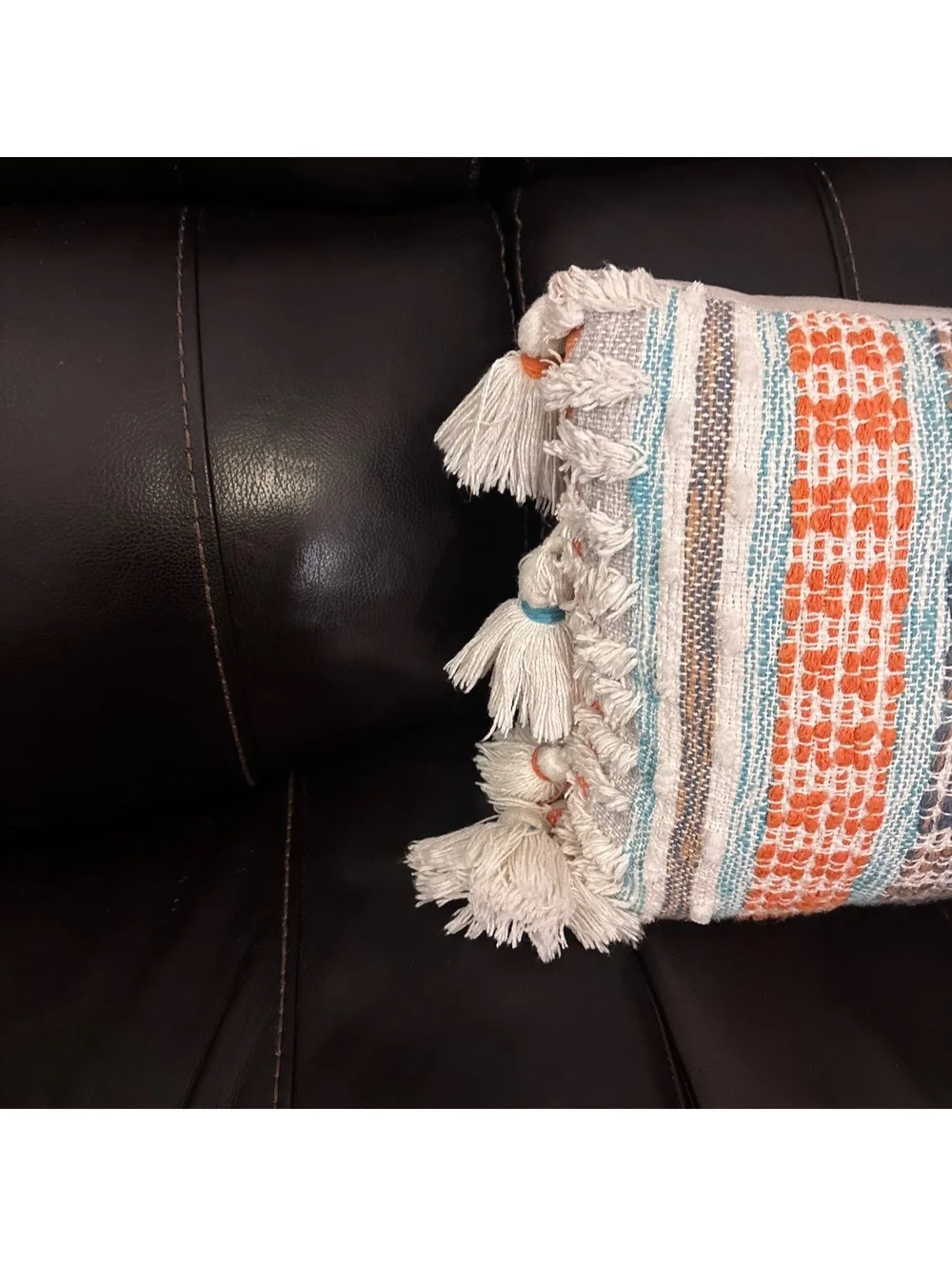 Boho Lumbar Throw Pillow with Tassels | Woven Textured Accent Pillow | 32” x 12”